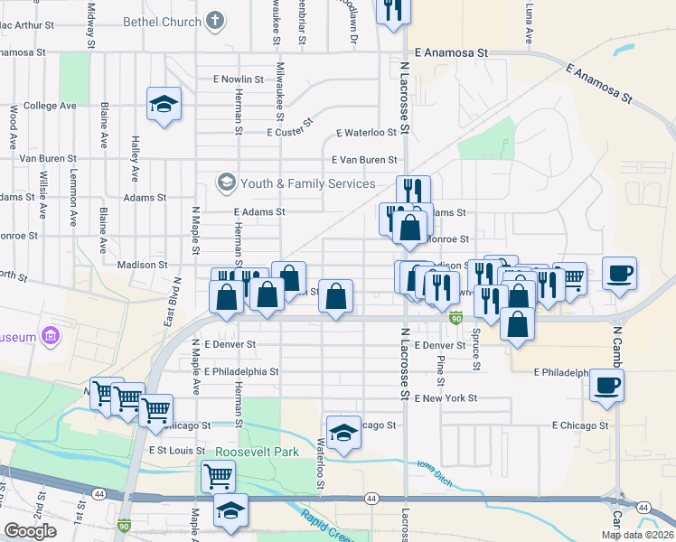 map of restaurants, bars, coffee shops, grocery stores, and more near 407 East Madison Street in Rapid City