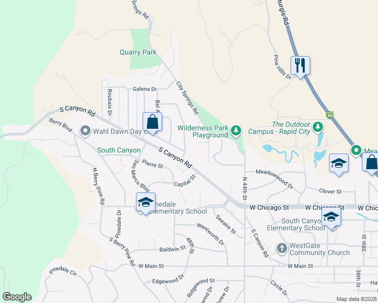 map of restaurants, bars, coffee shops, grocery stores, and more near 4706 Windsor Drive in Rapid City