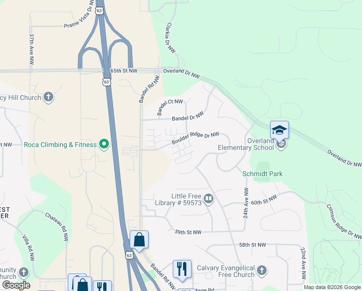 map of restaurants, bars, coffee shops, grocery stores, and more near 2873 Agate Place Northwest in Rochester
