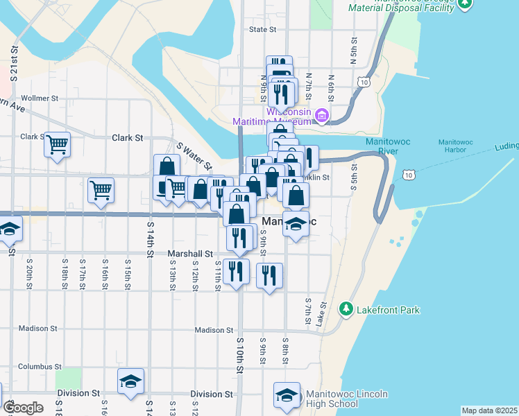 map of restaurants, bars, coffee shops, grocery stores, and more near in Manitowoc
