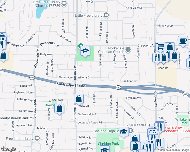 map of restaurants, bars, coffee shops, grocery stores, and more near 2267 Willona Drive in Eugene