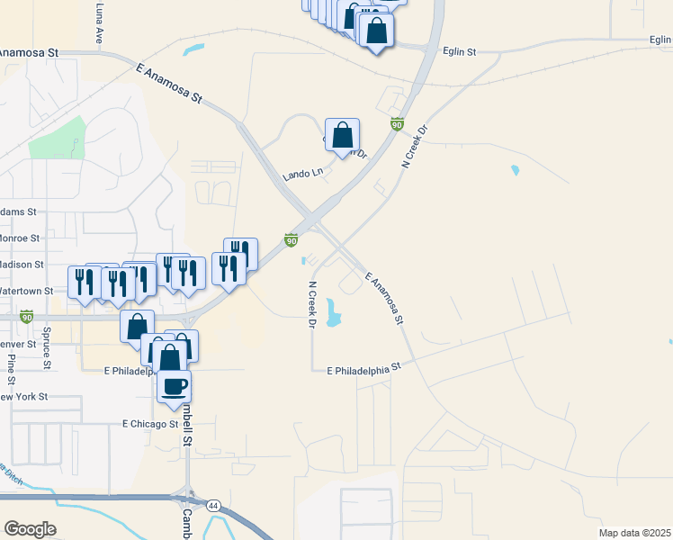 map of restaurants, bars, coffee shops, grocery stores, and more near 1711 East Anamosa Street in Rapid City