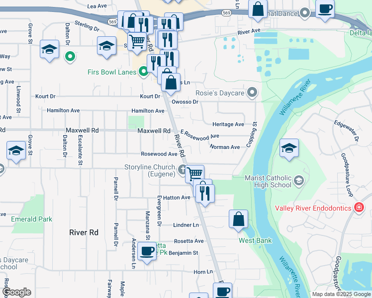 map of restaurants, bars, coffee shops, grocery stores, and more near 1657 River Road in Eugene