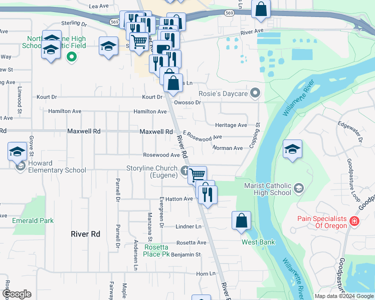 map of restaurants, bars, coffee shops, grocery stores, and more near 1657 River Road in Eugene