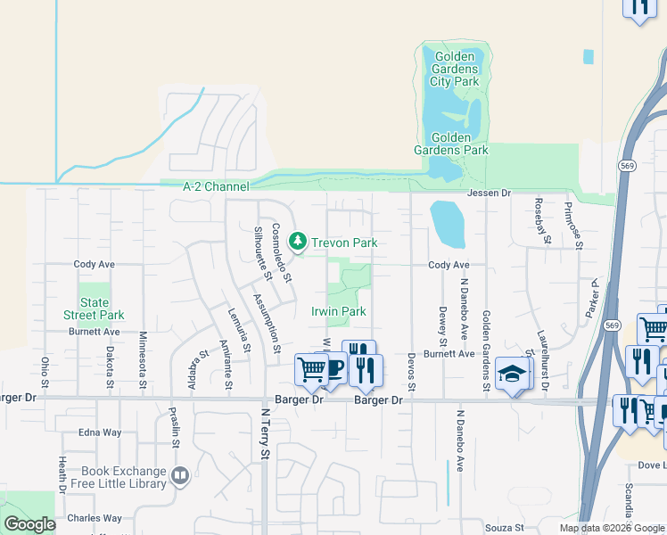 map of restaurants, bars, coffee shops, grocery stores, and more near 2365 West Irwin Way in Eugene