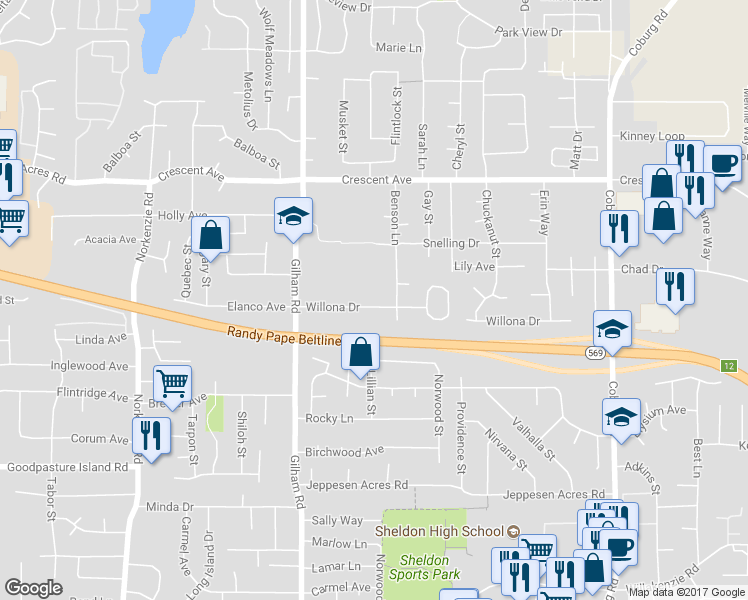 map of restaurants, bars, coffee shops, grocery stores, and more near 2267 Willona Drive in Eugene