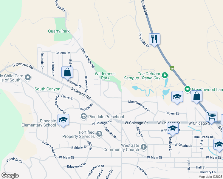 map of restaurants, bars, coffee shops, grocery stores, and more near 505 City Springs Road in Rapid City