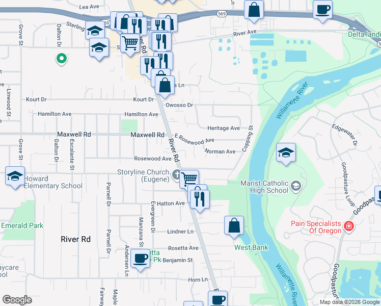 map of restaurants, bars, coffee shops, grocery stores, and more near 1650 Ono Avenue in Eugene