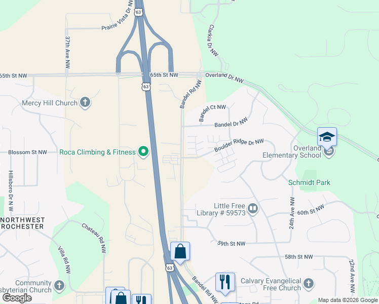 map of restaurants, bars, coffee shops, grocery stores, and more near 6355 30th Avenue Northwest in Rochester