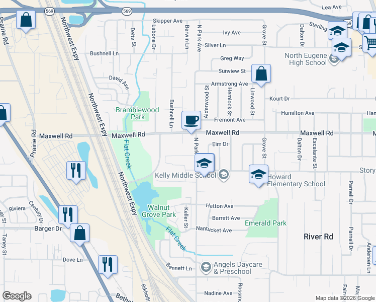map of restaurants, bars, coffee shops, grocery stores, and more near 1000 Maxwell Rd in Eugene