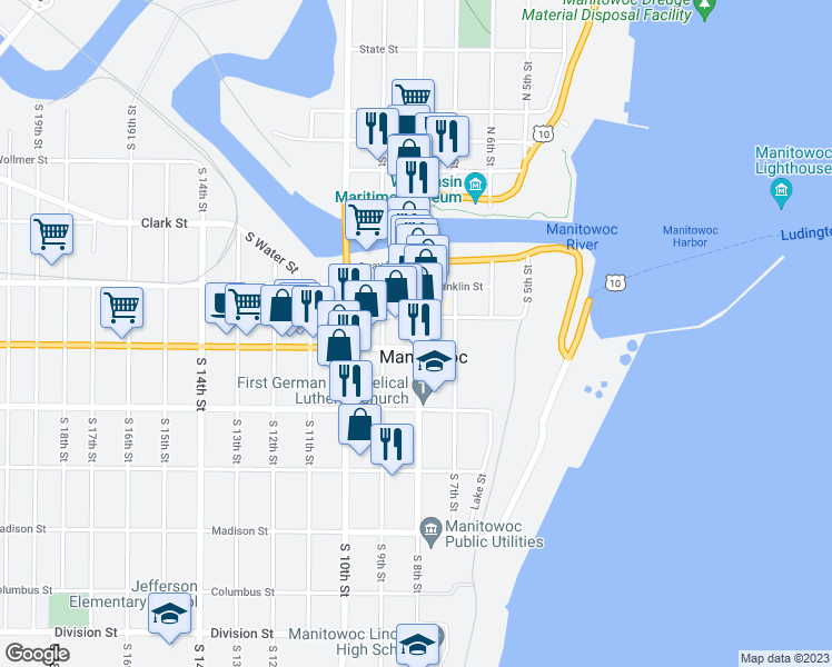 map of restaurants, bars, coffee shops, grocery stores, and more near 926 South 8th Street in Manitowoc