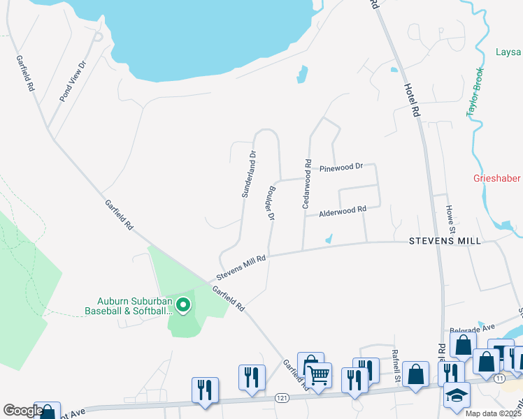 map of restaurants, bars, coffee shops, grocery stores, and more near 60 Boulder Drive in Auburn