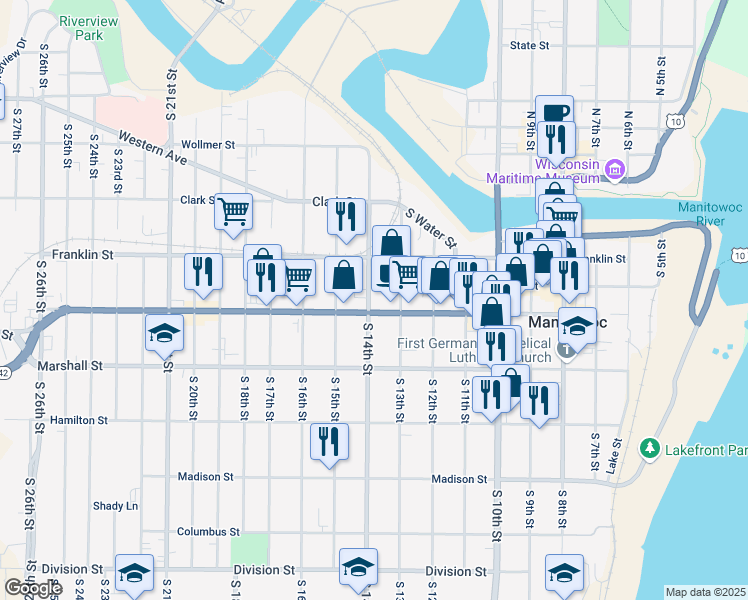 map of restaurants, bars, coffee shops, grocery stores, and more near 929 South 14th Street in Manitowoc