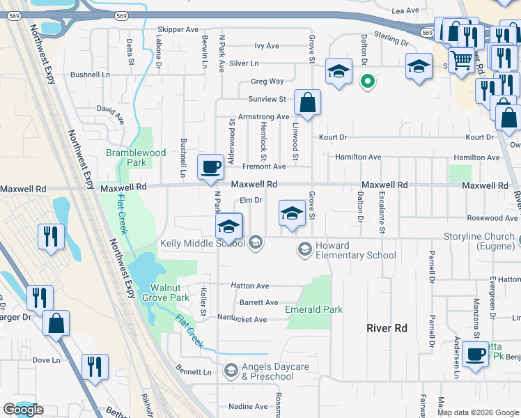 map of restaurants, bars, coffee shops, grocery stores, and more near 1591 Hemlock Street in Eugene