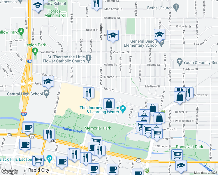 map of restaurants, bars, coffee shops, grocery stores, and more near 603 Wood Avenue in Rapid City