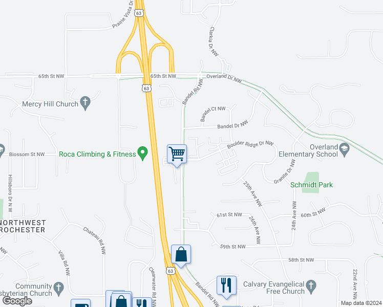 map of restaurants, bars, coffee shops, grocery stores, and more near 6229 30th Avenue Northwest in Rochester