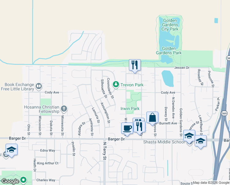 map of restaurants, bars, coffee shops, grocery stores, and more near 5131 Trevon Street in Eugene