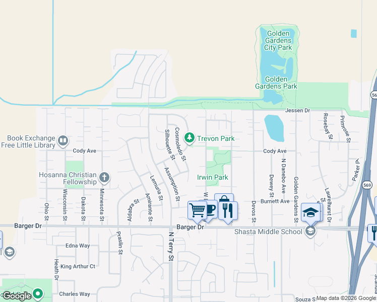 map of restaurants, bars, coffee shops, grocery stores, and more near 5131 Trevon Street in Eugene