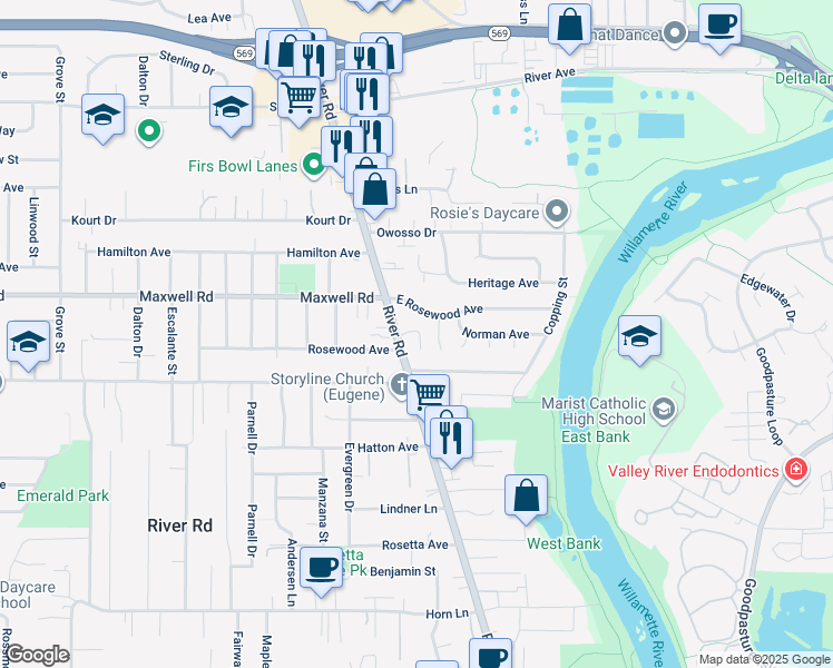 map of restaurants, bars, coffee shops, grocery stores, and more near 1657 River Road in Eugene