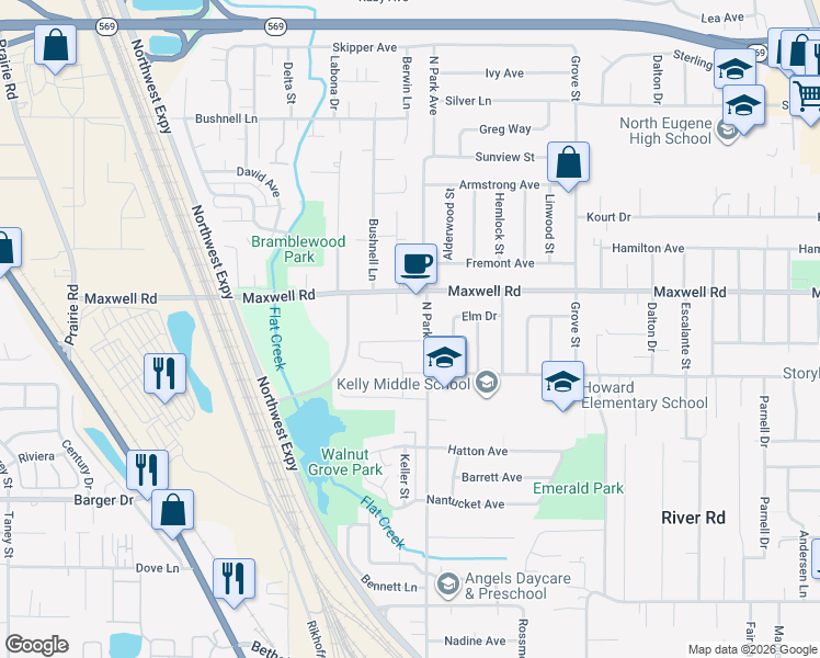 map of restaurants, bars, coffee shops, grocery stores, and more near 1000 Maxwell Rd in Eugene