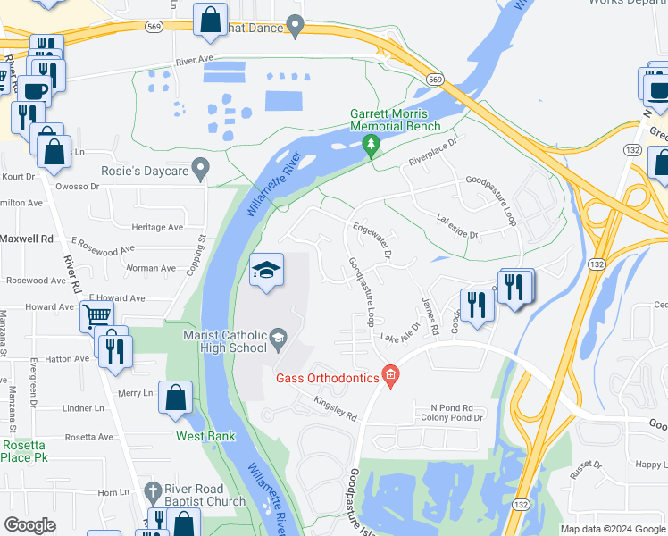map of restaurants, bars, coffee shops, grocery stores, and more near 2579 Riverwalk Loop in Eugene
