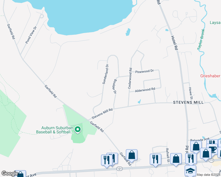 map of restaurants, bars, coffee shops, grocery stores, and more near 60 Boulder Drive in Auburn