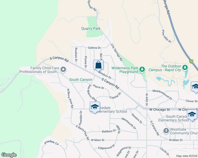 map of restaurants, bars, coffee shops, grocery stores, and more near 4823 South Canyon Road in Rapid City