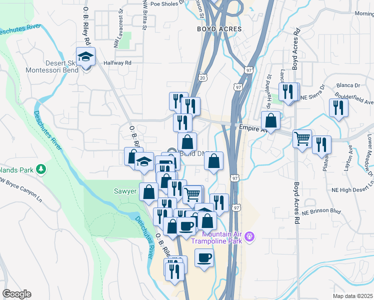 map of restaurants, bars, coffee shops, grocery stores, and more near 3600 North Highway 97 in Bend