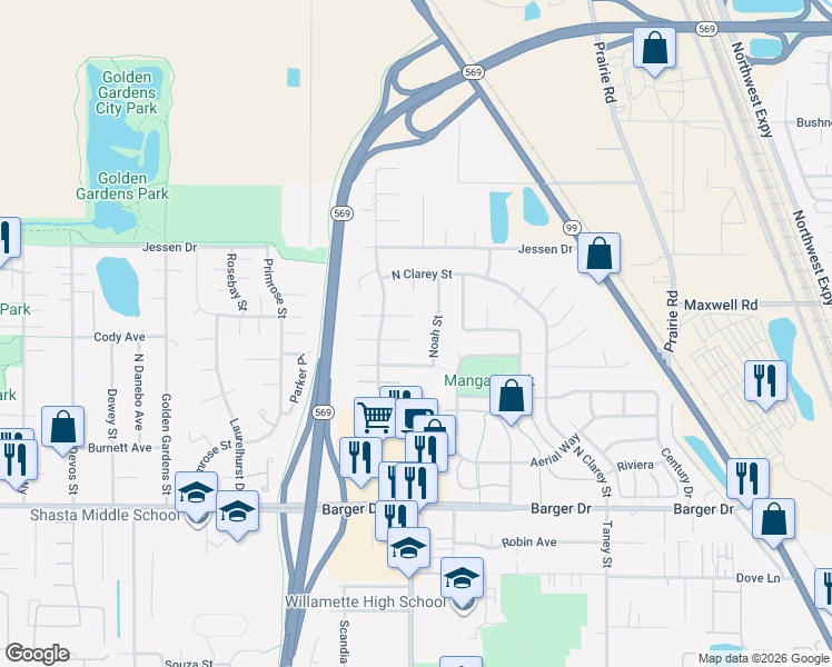 map of restaurants, bars, coffee shops, grocery stores, and more near 2519 Cubit Street in Eugene