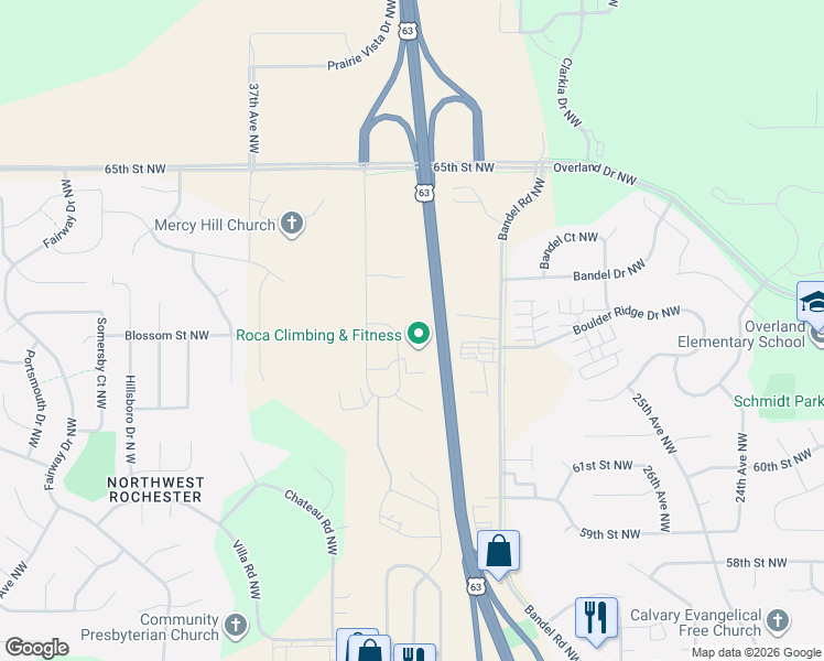 map of restaurants, bars, coffee shops, grocery stores, and more near 6047 Rome Circle Northwest in Rochester