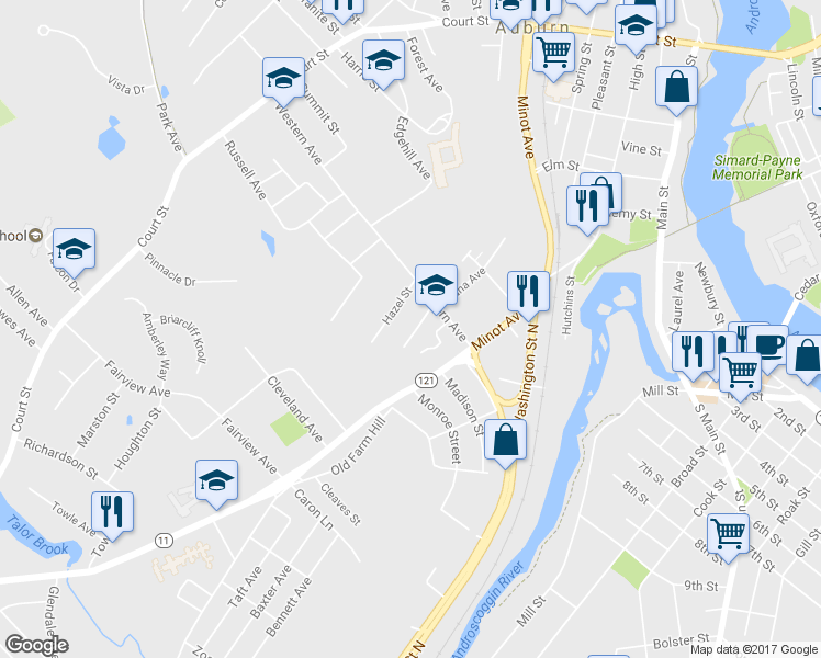 map of restaurants, bars, coffee shops, grocery stores, and more near 13 Kennedy Avenue in Auburn