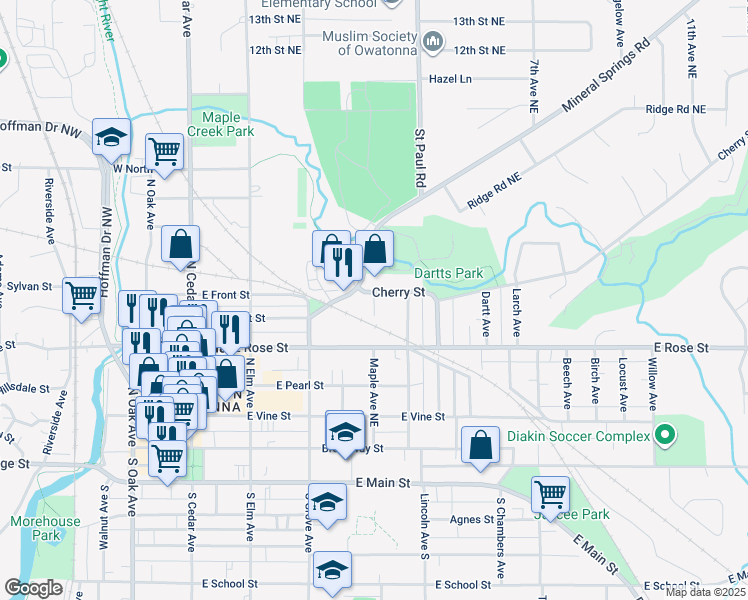 map of restaurants, bars, coffee shops, grocery stores, and more near 407 Cherry Street in Owatonna