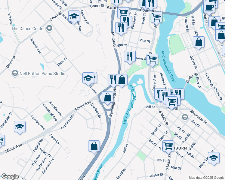 map of restaurants, bars, coffee shops, grocery stores, and more near 5 Washington St N in Auburn