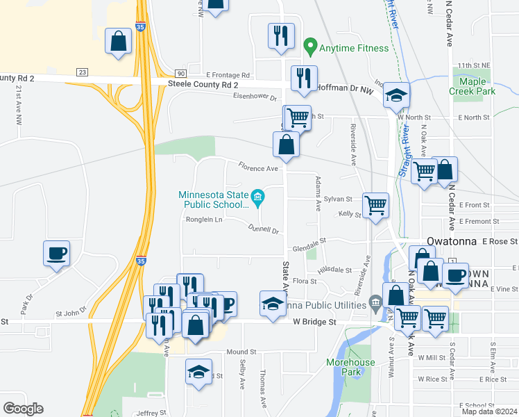 map of restaurants, bars, coffee shops, grocery stores, and more near West Hills Circle in Owatonna