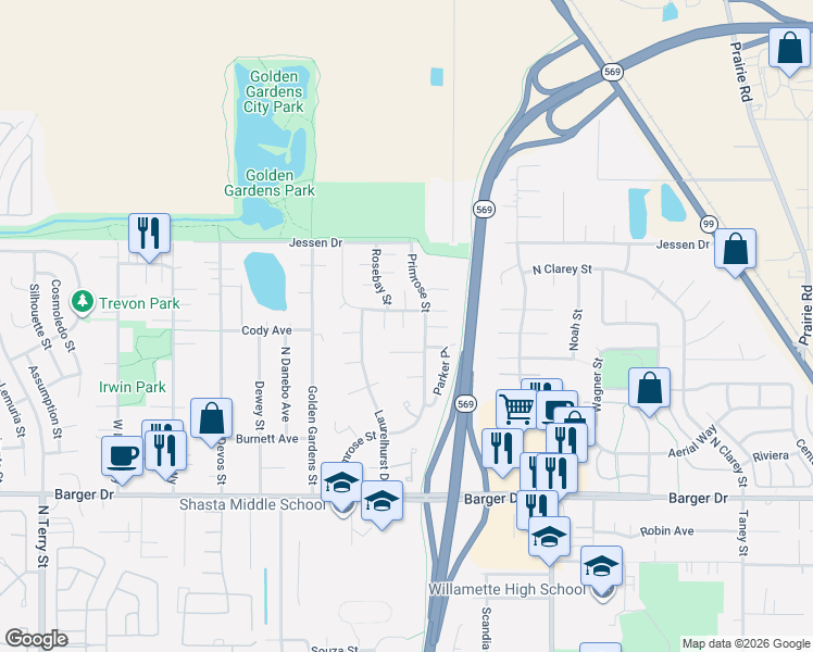 map of restaurants, bars, coffee shops, grocery stores, and more near 2442 Melrose Loop in Eugene