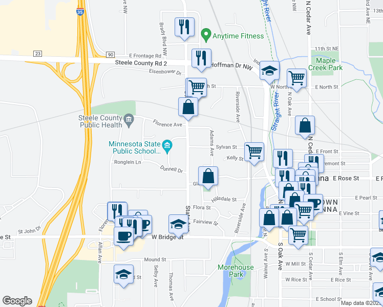 map of restaurants, bars, coffee shops, grocery stores, and more near 459 Sylvan Street in Owatonna