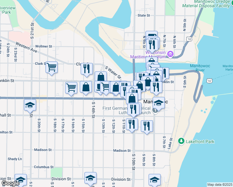 map of restaurants, bars, coffee shops, grocery stores, and more near 925 South 12th Street in Manitowoc