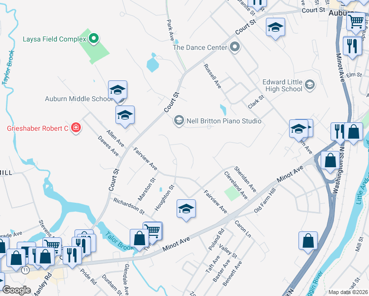 map of restaurants, bars, coffee shops, grocery stores, and more near 25 Briarcliff Knoll in Auburn