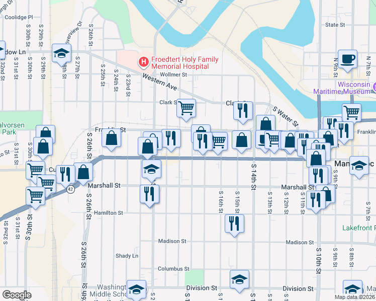 map of restaurants, bars, coffee shops, grocery stores, and more near 936 South 18th Street in Manitowoc