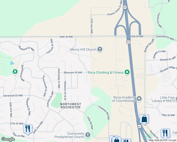 map of restaurants, bars, coffee shops, grocery stores, and more near 6180 Jonathan Drive Northwest in Rochester
