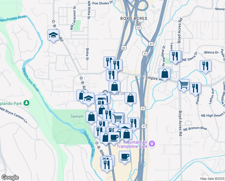 map of restaurants, bars, coffee shops, grocery stores, and more near 3600 North Highway 97 in Bend