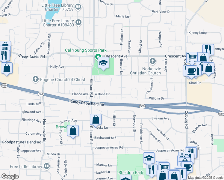 map of restaurants, bars, coffee shops, grocery stores, and more near 2233 Willona Drive in Eugene