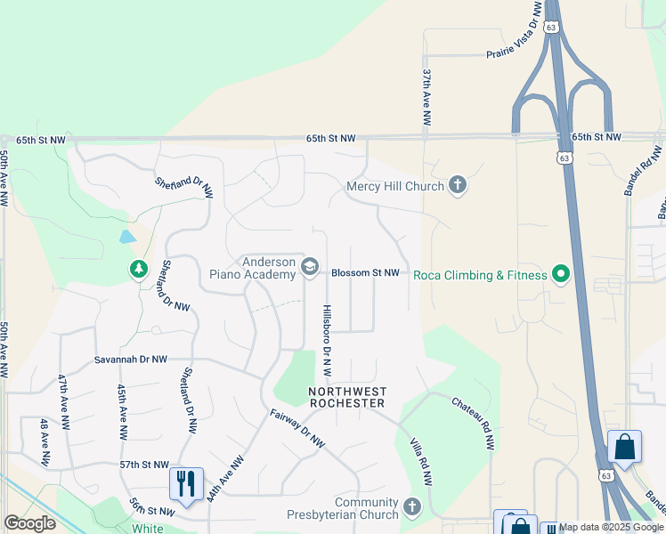map of restaurants, bars, coffee shops, grocery stores, and more near 6182 Hillsboro Drive North West in Rochester