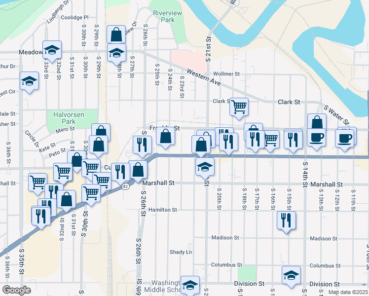 map of restaurants, bars, coffee shops, grocery stores, and more near 935 South 23rd Street in Manitowoc