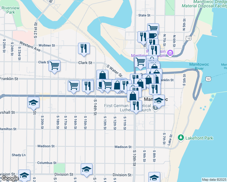 map of restaurants, bars, coffee shops, grocery stores, and more near 925 South 12th Street in Manitowoc