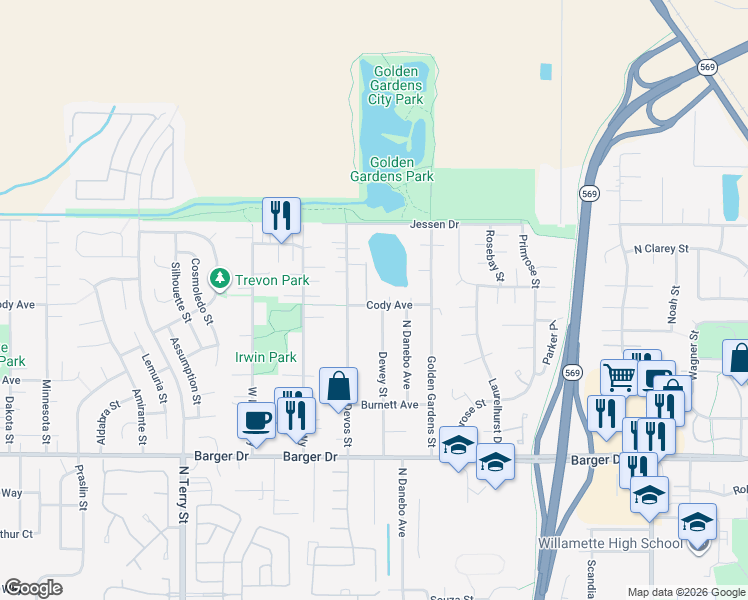 map of restaurants, bars, coffee shops, grocery stores, and more near 4735 Cody Avenue in Eugene