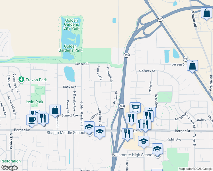 map of restaurants, bars, coffee shops, grocery stores, and more near 2442 Melrose Loop in Eugene