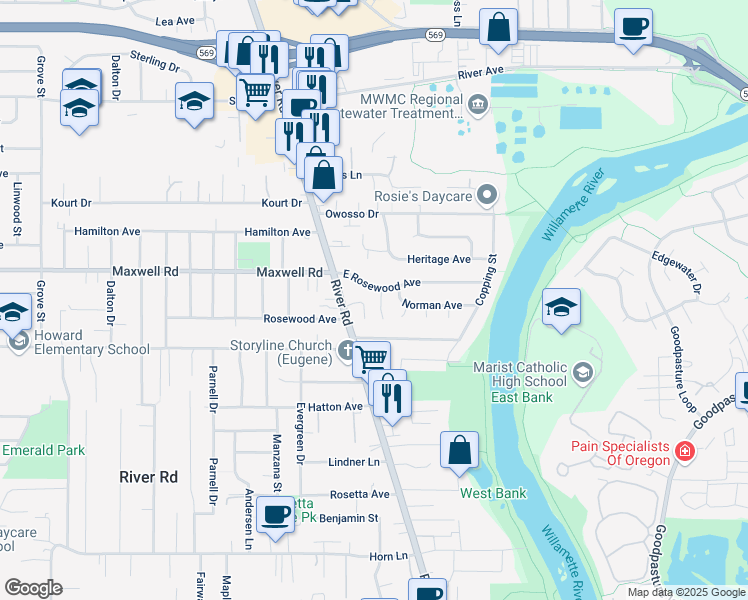 map of restaurants, bars, coffee shops, grocery stores, and more near 1674 Ono Avenue in Eugene