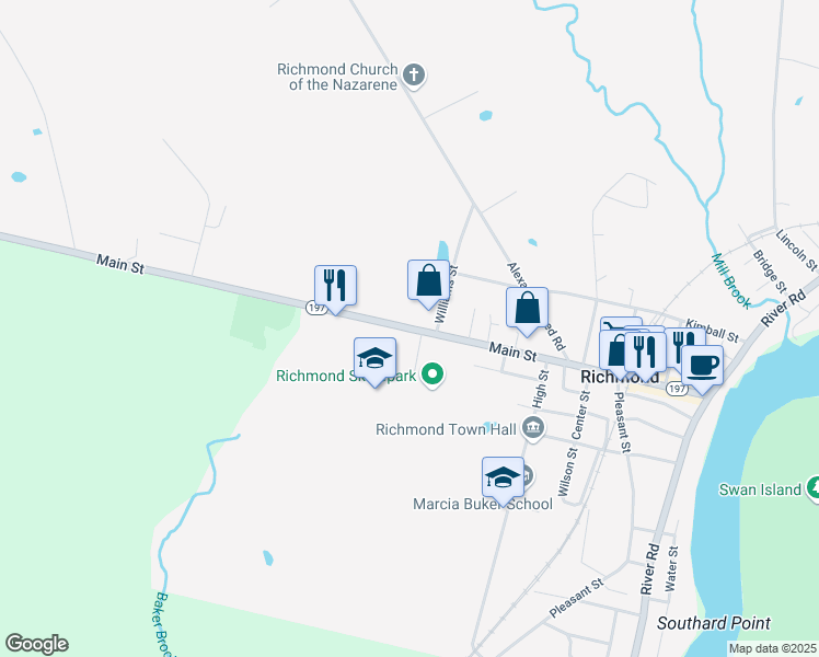 map of restaurants, bars, coffee shops, grocery stores, and more near 132 Main Street in Richmond