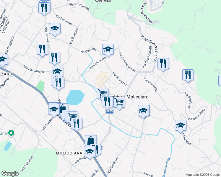map of restaurants, bars, coffee shops, grocery stores, and more near 31 Via di Mezzo in Colombiera-Molicciara